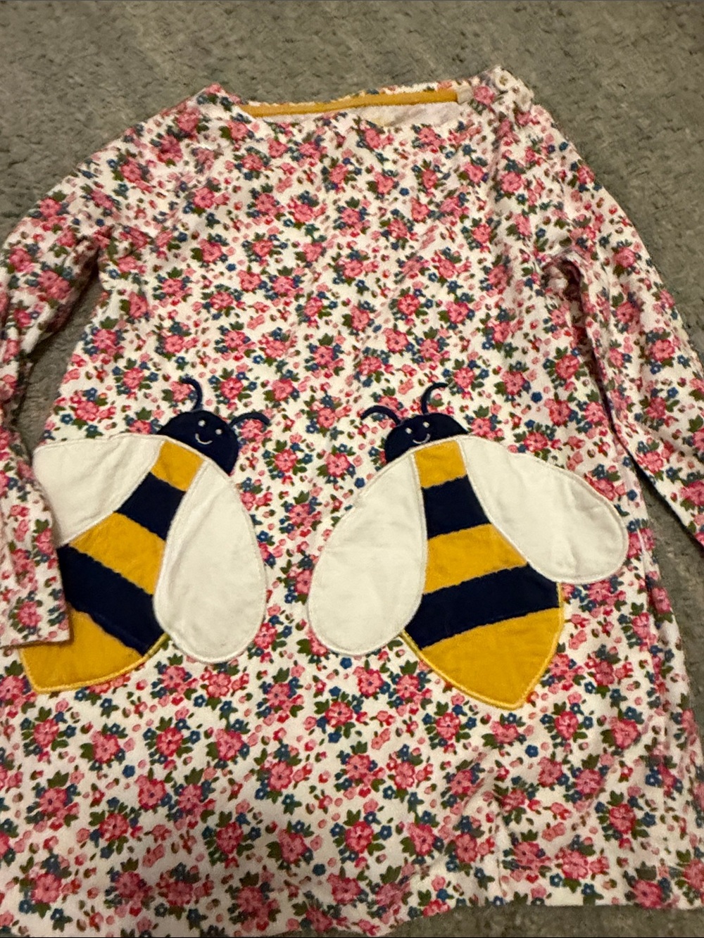 Mini Boden Floral Dress with Bee Appliqués - Pink, Yellow & Navy